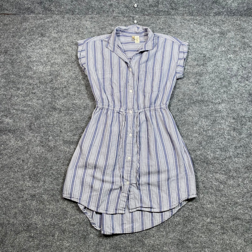 Japna Womens Blue White Striped Cotton Shirt Dress Small Drawstring Waist Casual